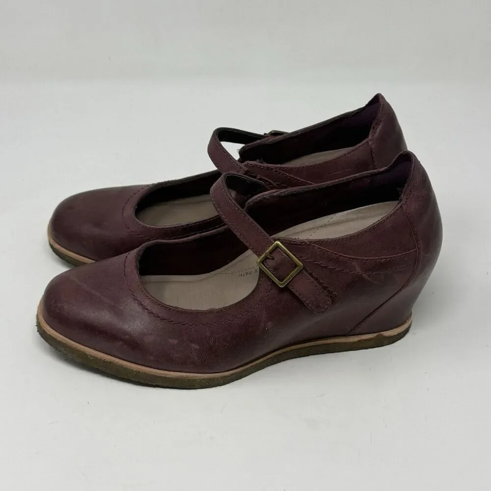 Earth Boden Hidden Heel Wedge Shoes Womens 8.5 W Wide Burgundy Mary Jane Boho